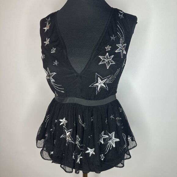Express Tops - Vintage Express Embroidered Star Black Peplum VNeck Sheer Tank Rhinestones Sz 4